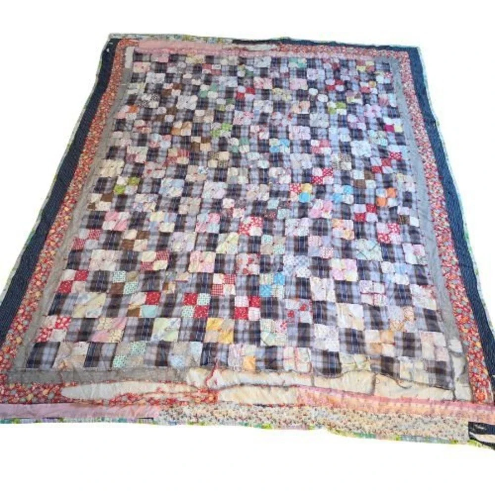 Vintage Handmade‎ Patchwork Quilt Plaid Floral 1960s Farmhouse Americana 70x86